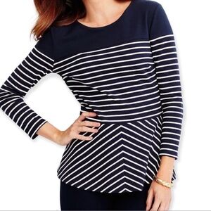 Talbots Navy & White Nautical Stripe Peplum Ponte Knits Top​​​​‎